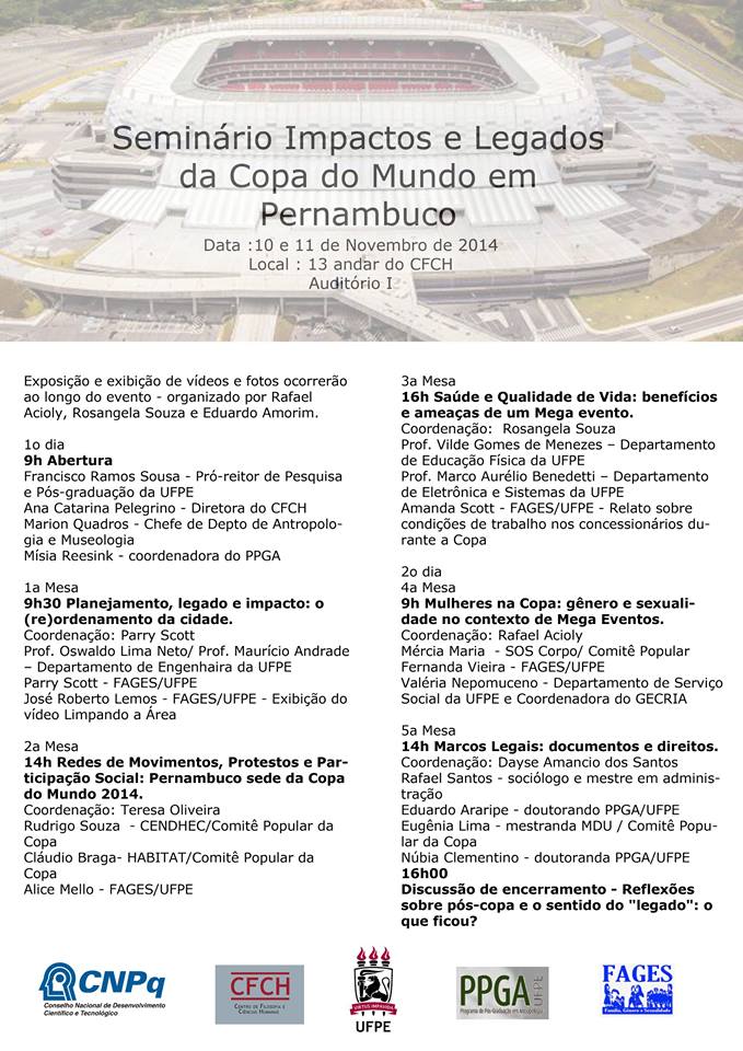 10 e 11/11/14 – Mércia Alves, da equipe do SOS Corpo, participa de mesa no seminário Impactos e Legados da Copa em Pernambuco