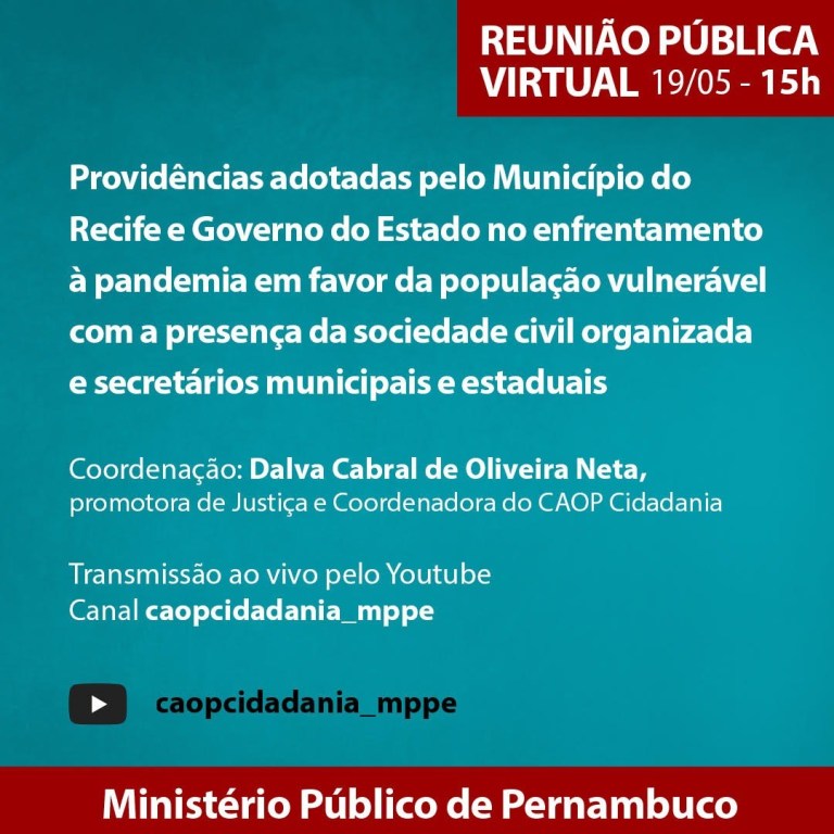Movimentos sociais tem audiência pública virtual com MPPE nesta terça (19)