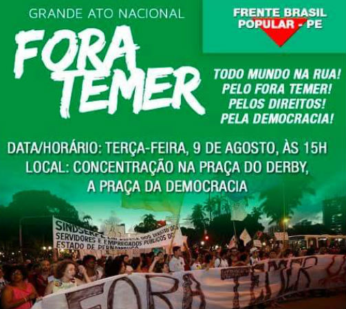 09/08/2016, às 15h – Grande ato em defesa da democracia e pelos direitos